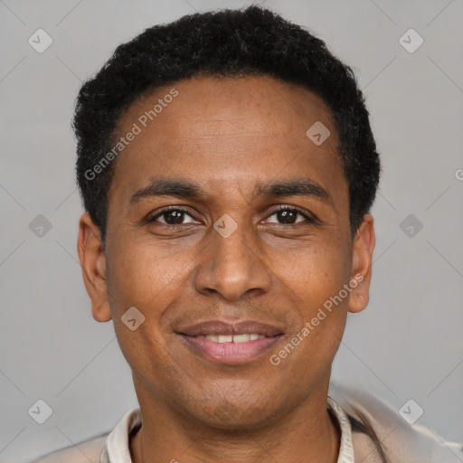 Joyful latino adult male with short  black hair and brown eyes