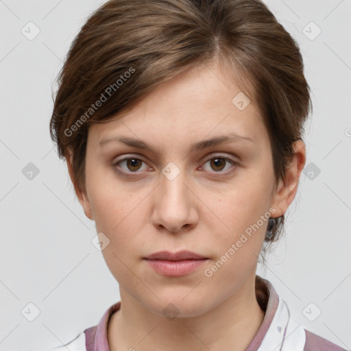 Neutral white young-adult female with medium  brown hair and grey eyes