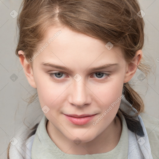 Joyful white child female with medium  brown hair and grey eyes