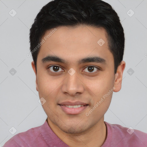 Joyful white young-adult male with short  black hair and brown eyes