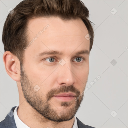 Neutral white young-adult male with short  brown hair and grey eyes