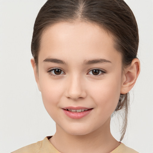 Joyful white child female with medium  brown hair and brown eyes