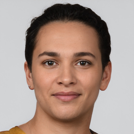 Joyful white young-adult female with short  brown hair and brown eyes