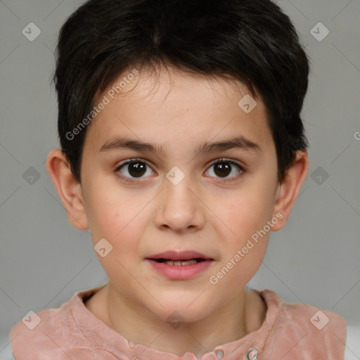 Joyful white child male with short  brown hair and brown eyes