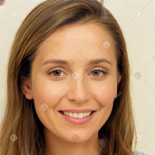 Joyful white young-adult female with long  brown hair and brown eyes