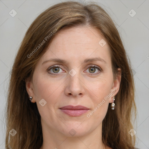 Joyful white adult female with medium  brown hair and grey eyes