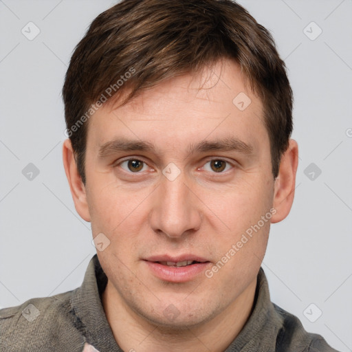 Neutral white young-adult male with short  brown hair and brown eyes