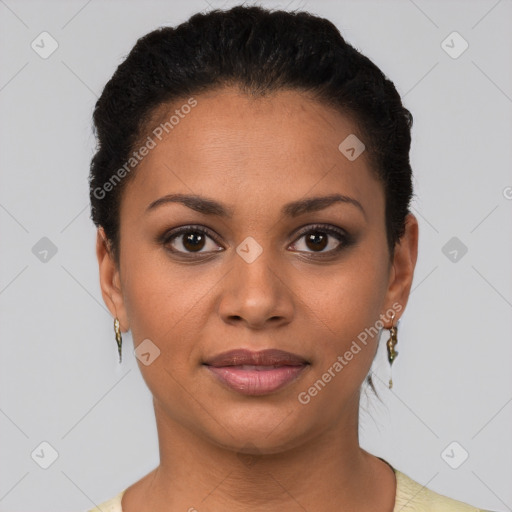 Joyful latino young-adult female with short  brown hair and brown eyes