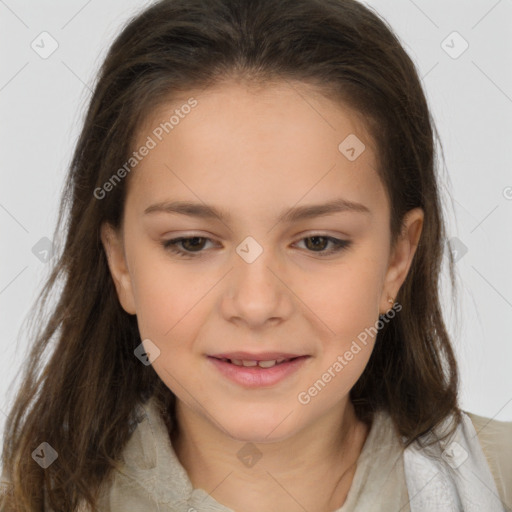 Joyful white child female with medium  brown hair and brown eyes