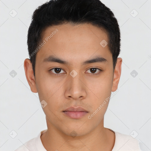 Neutral asian young-adult male with short  black hair and brown eyes