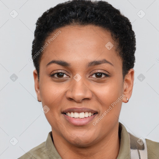 Joyful latino young-adult female with short  black hair and brown eyes