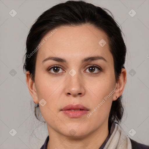 Neutral white young-adult female with medium  brown hair and brown eyes