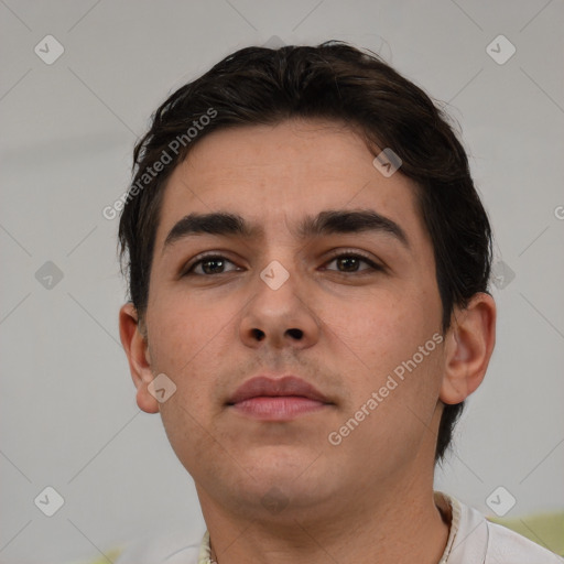 Neutral white young-adult male with short  brown hair and brown eyes