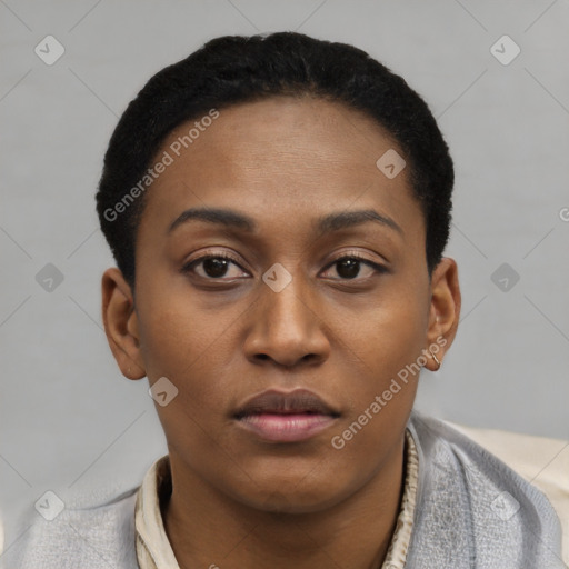 Neutral black young-adult female with short  black hair and brown eyes