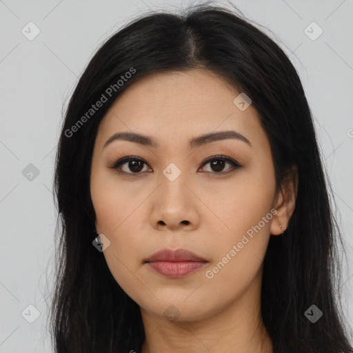 Neutral asian young-adult female with long  brown hair and brown eyes