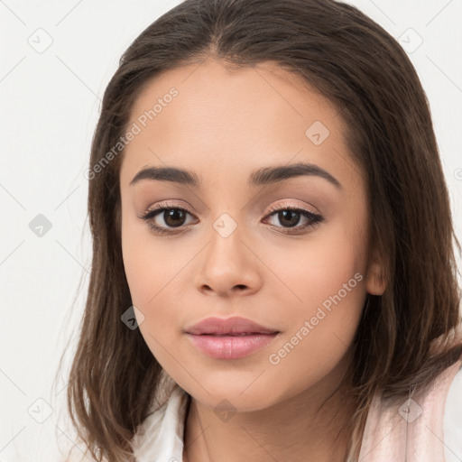 Neutral white young-adult female with long  brown hair and brown eyes