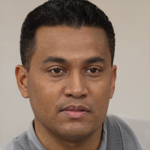 Neutral latino young-adult male with short  black hair and brown eyes
