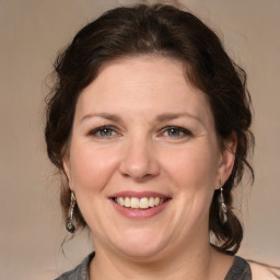 Joyful white adult female with medium  brown hair and brown eyes