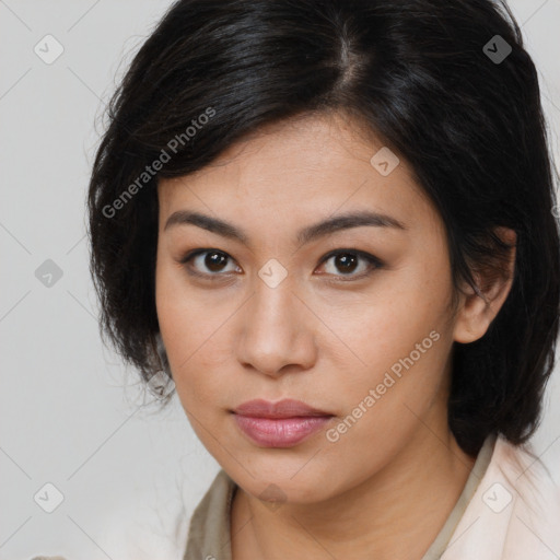 Neutral white young-adult female with medium  brown hair and brown eyes