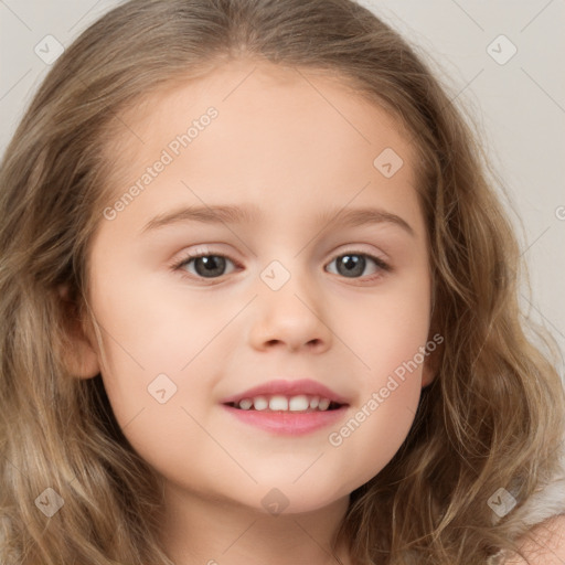 Joyful white child female with medium  brown hair and brown eyes