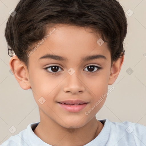 Joyful white child female with short  brown hair and brown eyes