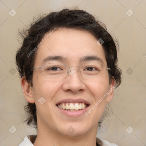 Joyful white adult male with medium  brown hair and brown eyes