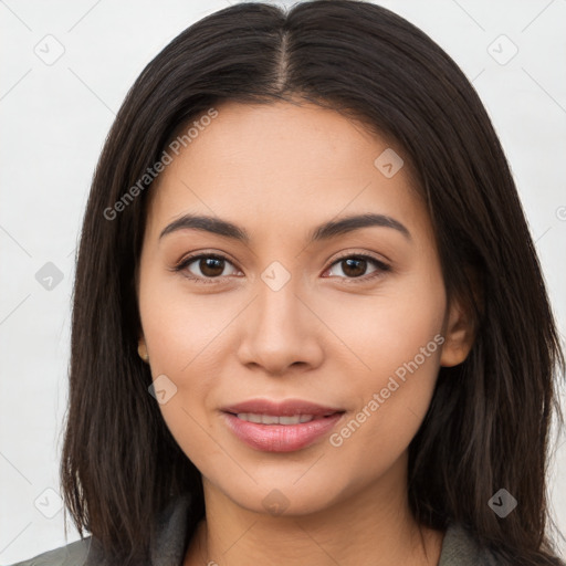 Joyful asian young-adult female with long  brown hair and brown eyes