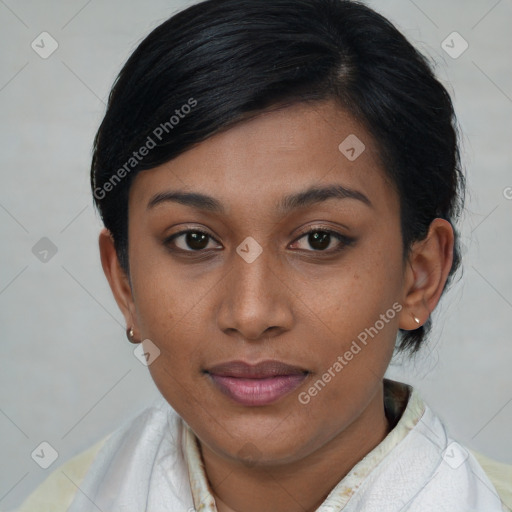 Joyful asian young-adult female with short  brown hair and brown eyes