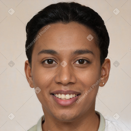 Joyful latino young-adult female with short  black hair and brown eyes