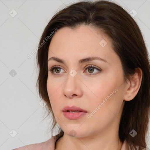 Neutral white young-adult female with medium  brown hair and brown eyes