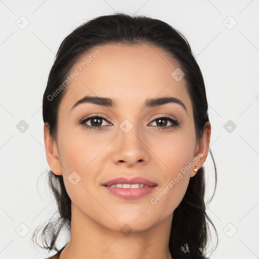 Joyful white young-adult female with long  black hair and brown eyes