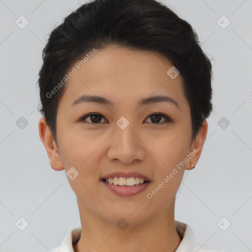 Joyful asian young-adult female with short  brown hair and brown eyes