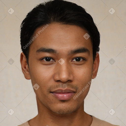 Joyful asian young-adult male with short  black hair and brown eyes