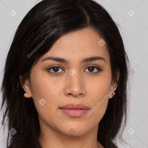 Joyful asian young-adult female with long  brown hair and brown eyes