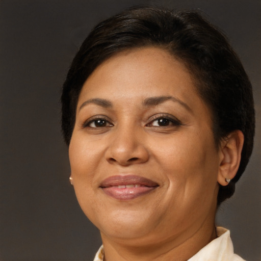 Joyful latino adult female with short  brown hair and brown eyes