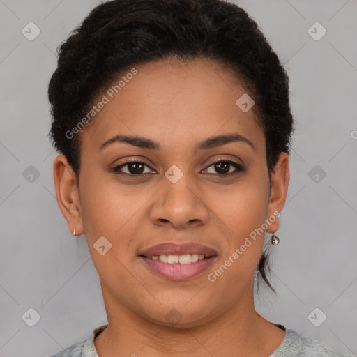 Joyful latino young-adult female with short  brown hair and brown eyes
