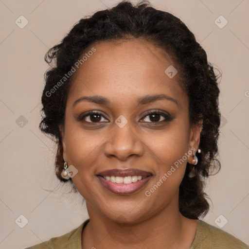 Joyful black young-adult female with long  brown hair and brown eyes