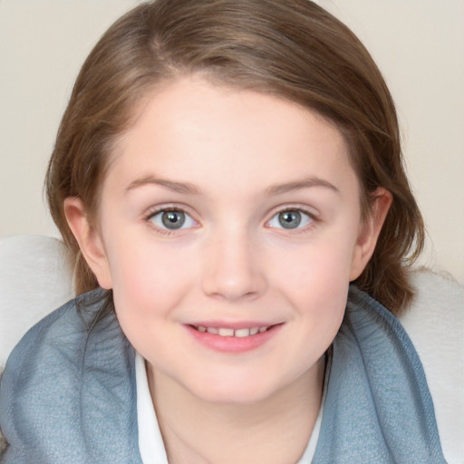 Joyful white child female with medium  brown hair and blue eyes