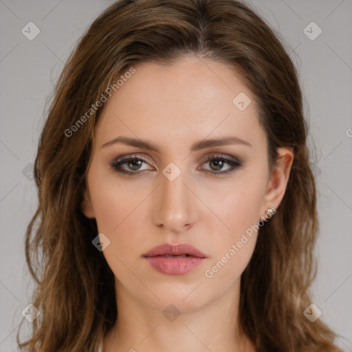 Neutral white young-adult female with long  brown hair and brown eyes