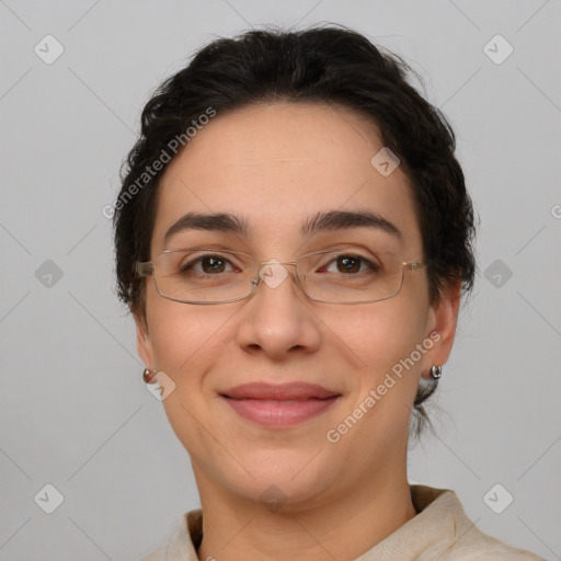 Joyful white adult female with short  brown hair and brown eyes