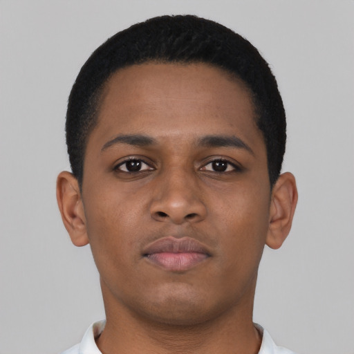 Neutral black young-adult male with short  black hair and brown eyes