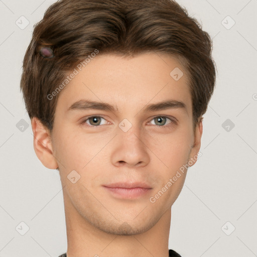 Neutral white young-adult male with short  brown hair and brown eyes