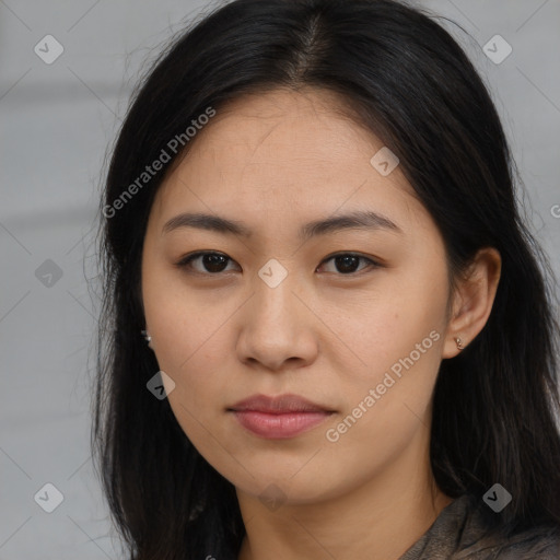 Neutral asian young-adult female with long  brown hair and brown eyes