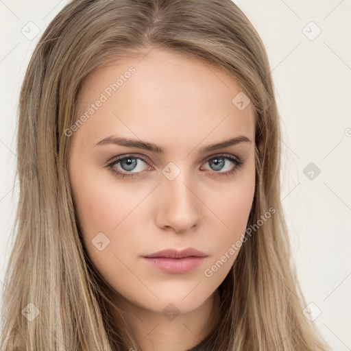 Neutral white young-adult female with long  brown hair and brown eyes