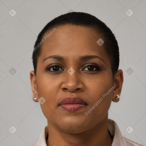 Neutral black young-adult female with short  brown hair and brown eyes
