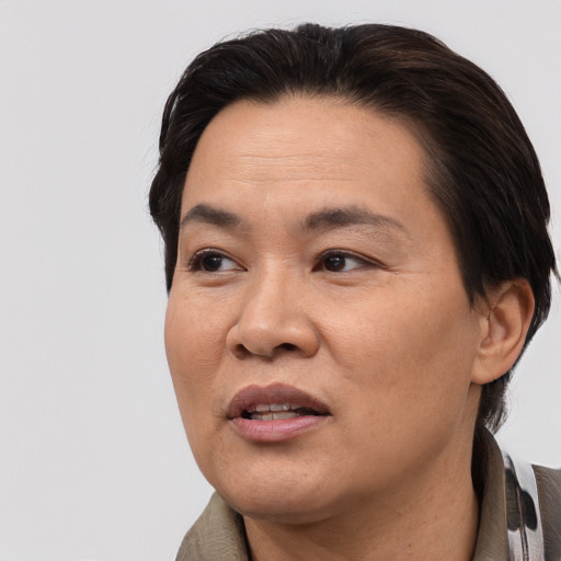 Joyful asian adult female with medium  brown hair and brown eyes
