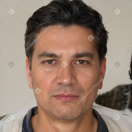 Neutral white adult male with short  black hair and brown eyes