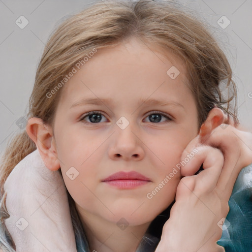 Neutral white child female with medium  brown hair and blue eyes