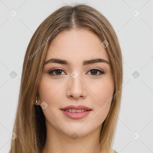 Joyful white young-adult female with long  brown hair and brown eyes