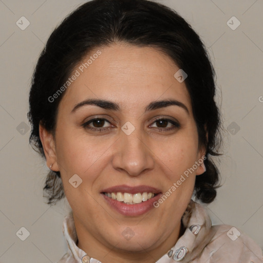 Joyful white adult female with medium  brown hair and brown eyes